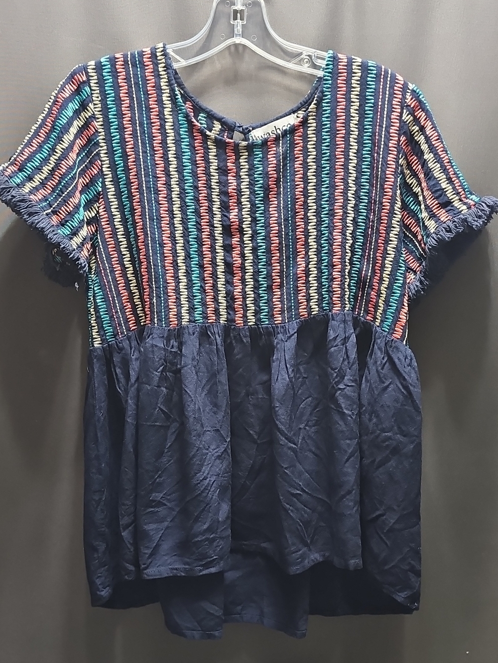 Navy Embroidered Multicolor Smocked Short-Sleeve Peplum Tunic